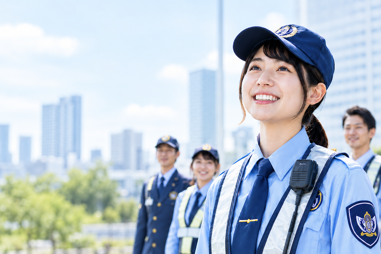 笑顔の女性警備員と、男女の警備員チームのイメージ