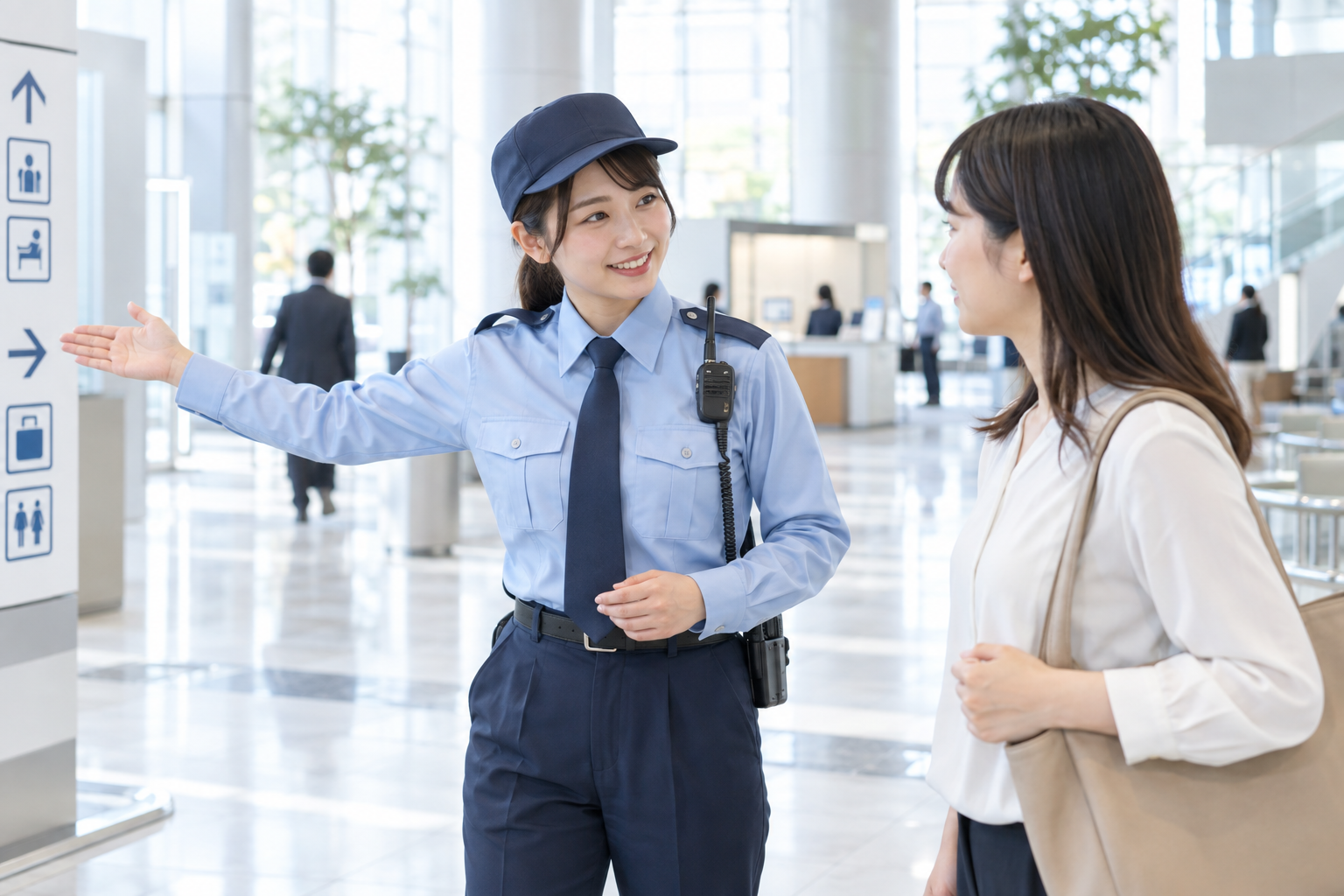 明るい施設内で、来訪者に行き先をご案内する女性警備員のイメージ