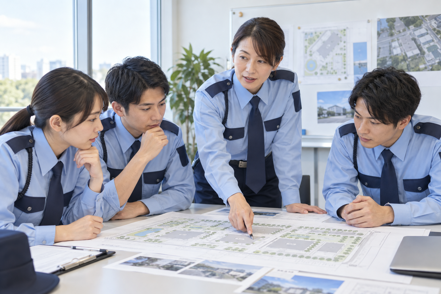 女性の先輩を中心に、男女の警備員が図面を確認しながら研修するイメージ